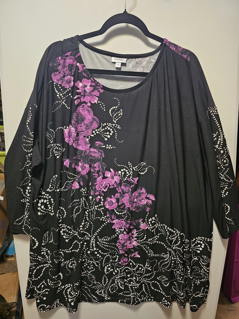 Avenue Black Tunic with Pink Floral & White Dot Accents